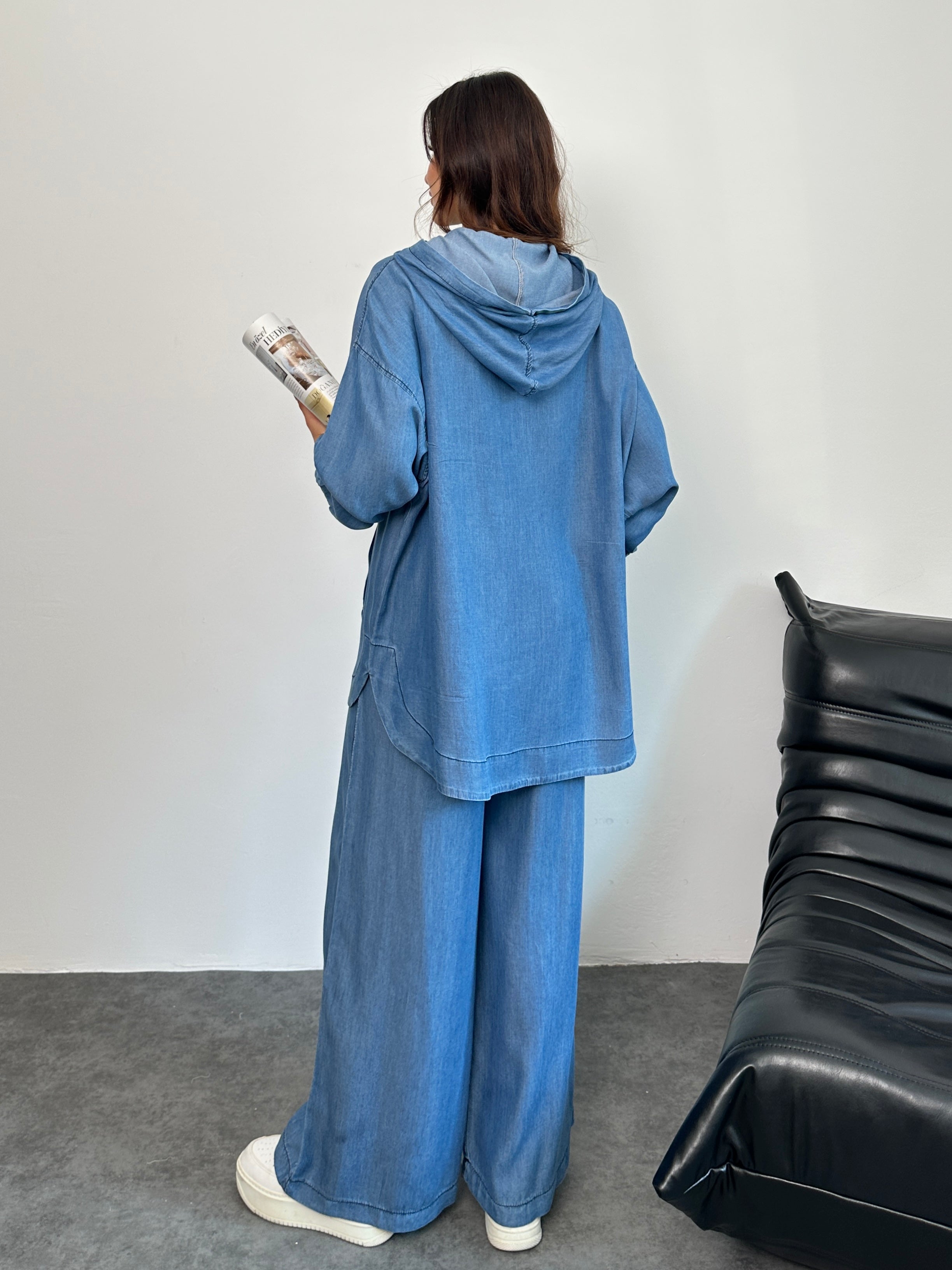 Kapüşonlu Denim Rahat Kesim İkili Takım Mavi - 8889
