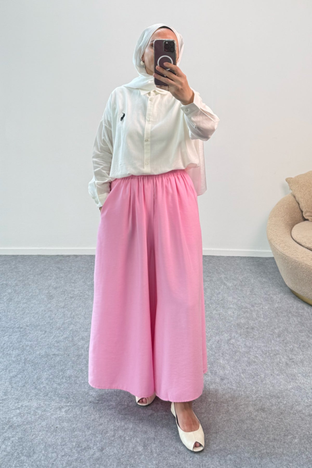 Beli Lastikli Geniş Paça Modal Etekli Pantolon 8809 - Pembe