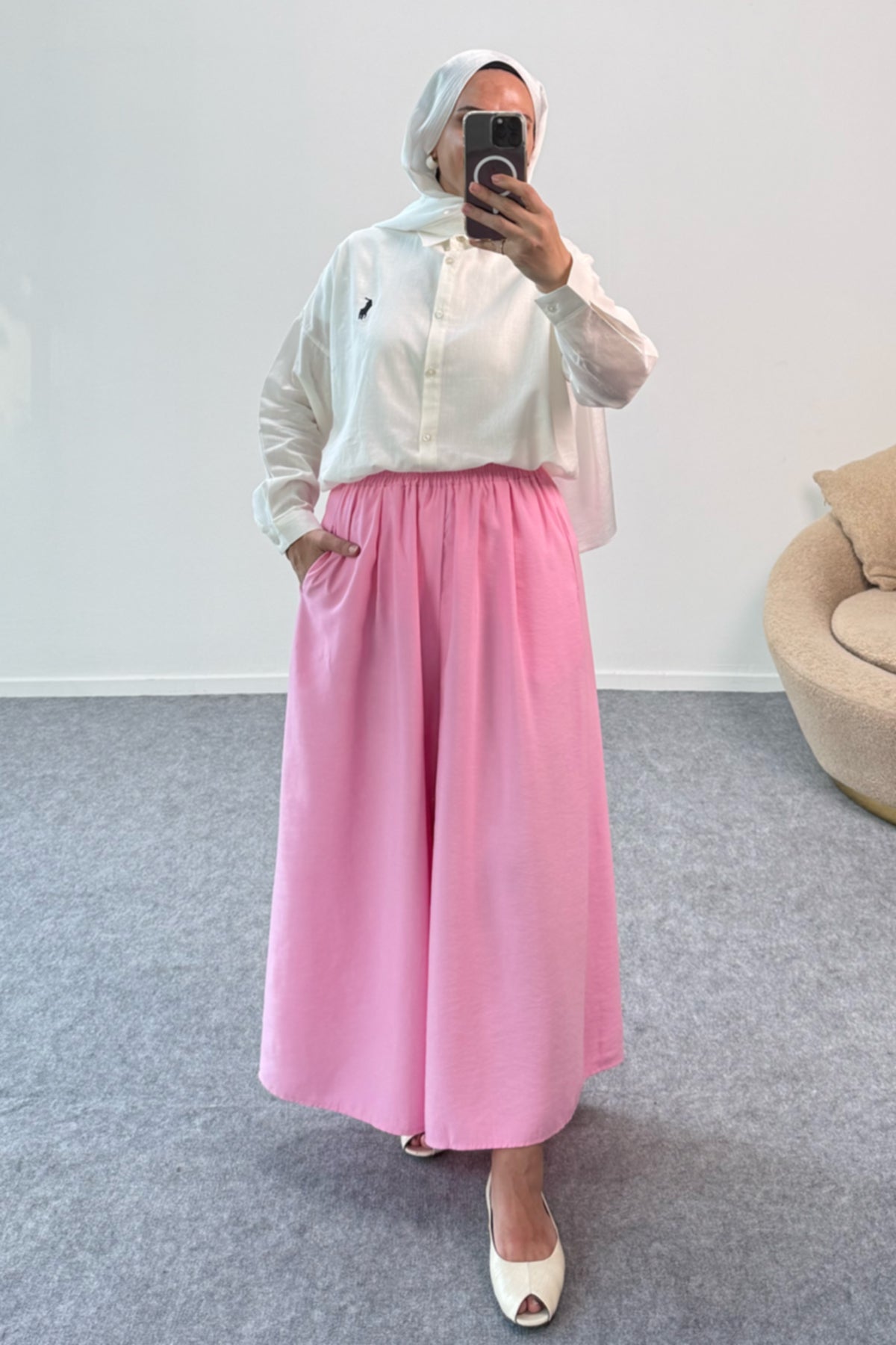 Beli Lastikli Geniş Paça Modal Etekli Pantolon 8809 - Pembe