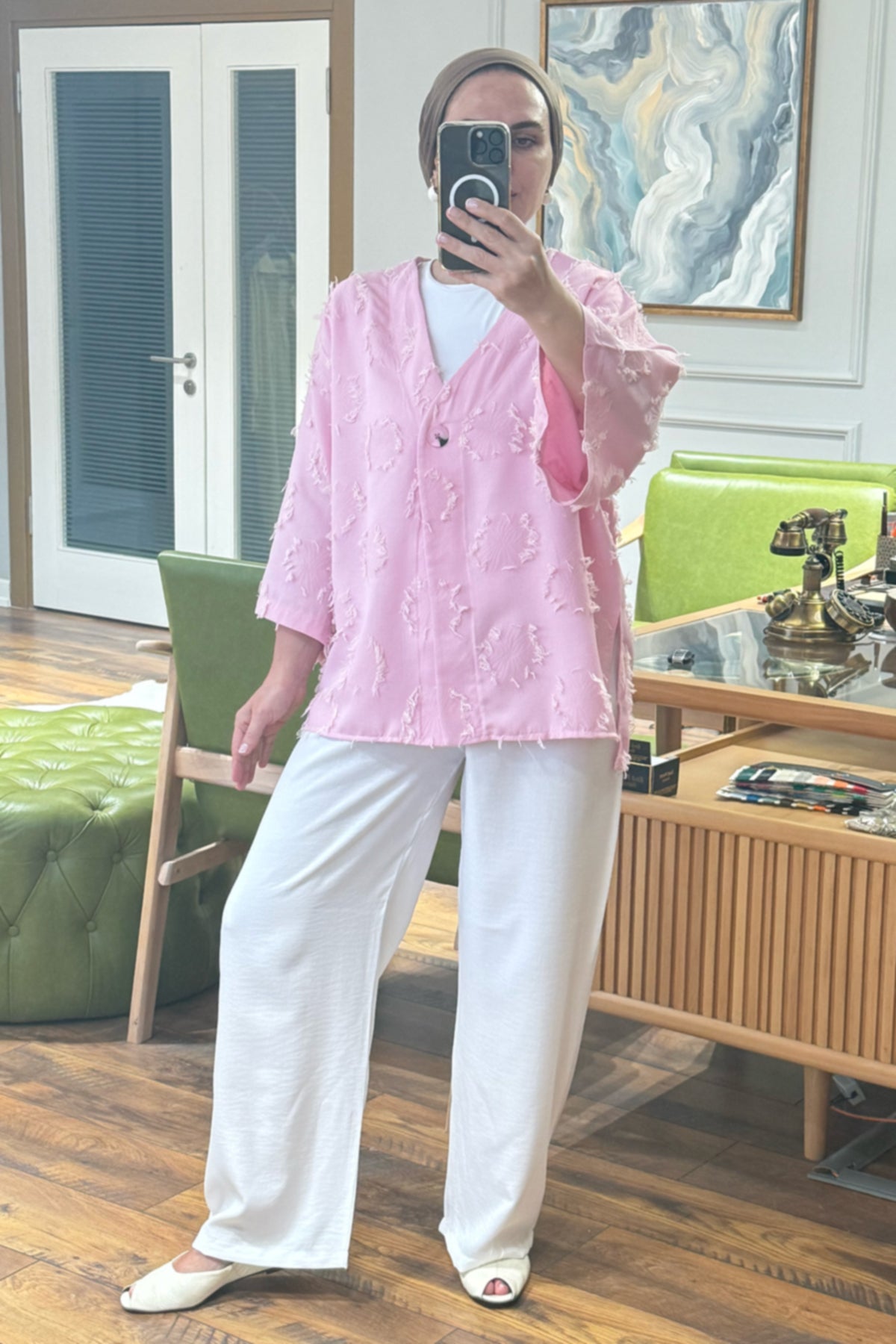 Dokulu V Yaka Tek Düğmeli Ceket ve Geniş Paça Pantolonlu İkili Takım 8883 - Pembe