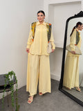 Oversize Gömlekli Geniş Paça Pantolonlu Rahat Kesim Basic Modal Kumaş İkili Takım 8974 - Sarı