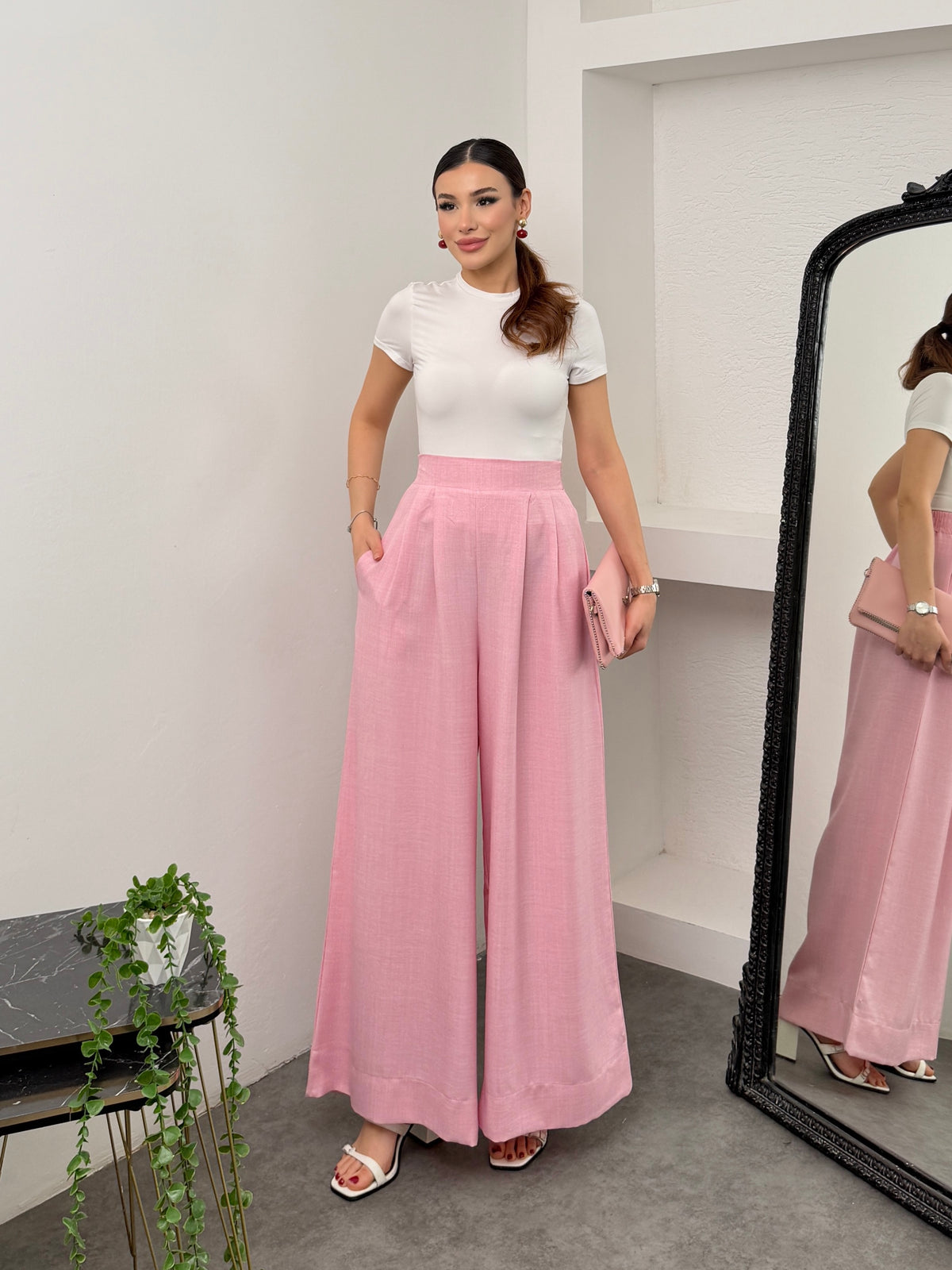 Pileli Arka Beli Lastikli Geniş Paça Filamlı Keten Palazzo Pantolon 8980 - Pembe