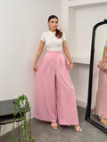 Pileli Arka Beli Lastikli Geniş Paça Filamlı Keten Palazzo Pantolon 8980 - Pembe
