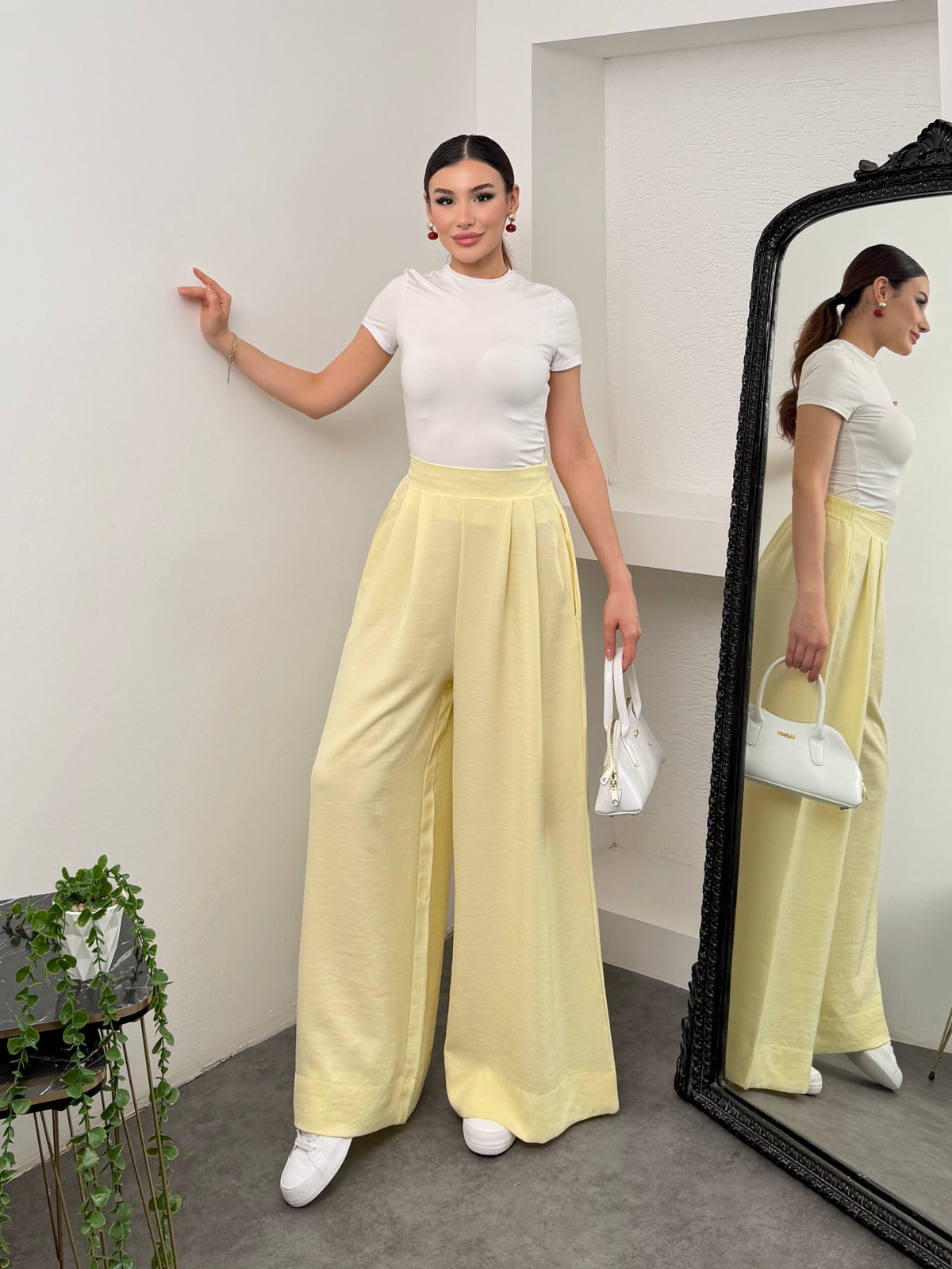 Pileli Arka Beli Lastikli Geniş Paça Filamlı Keten Palazzo Pantolon 8980 - Sarı