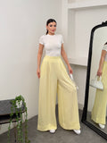 Pileli Arka Beli Lastikli Geniş Paça Filamlı Keten Palazzo Pantolon 8980 - Sarı