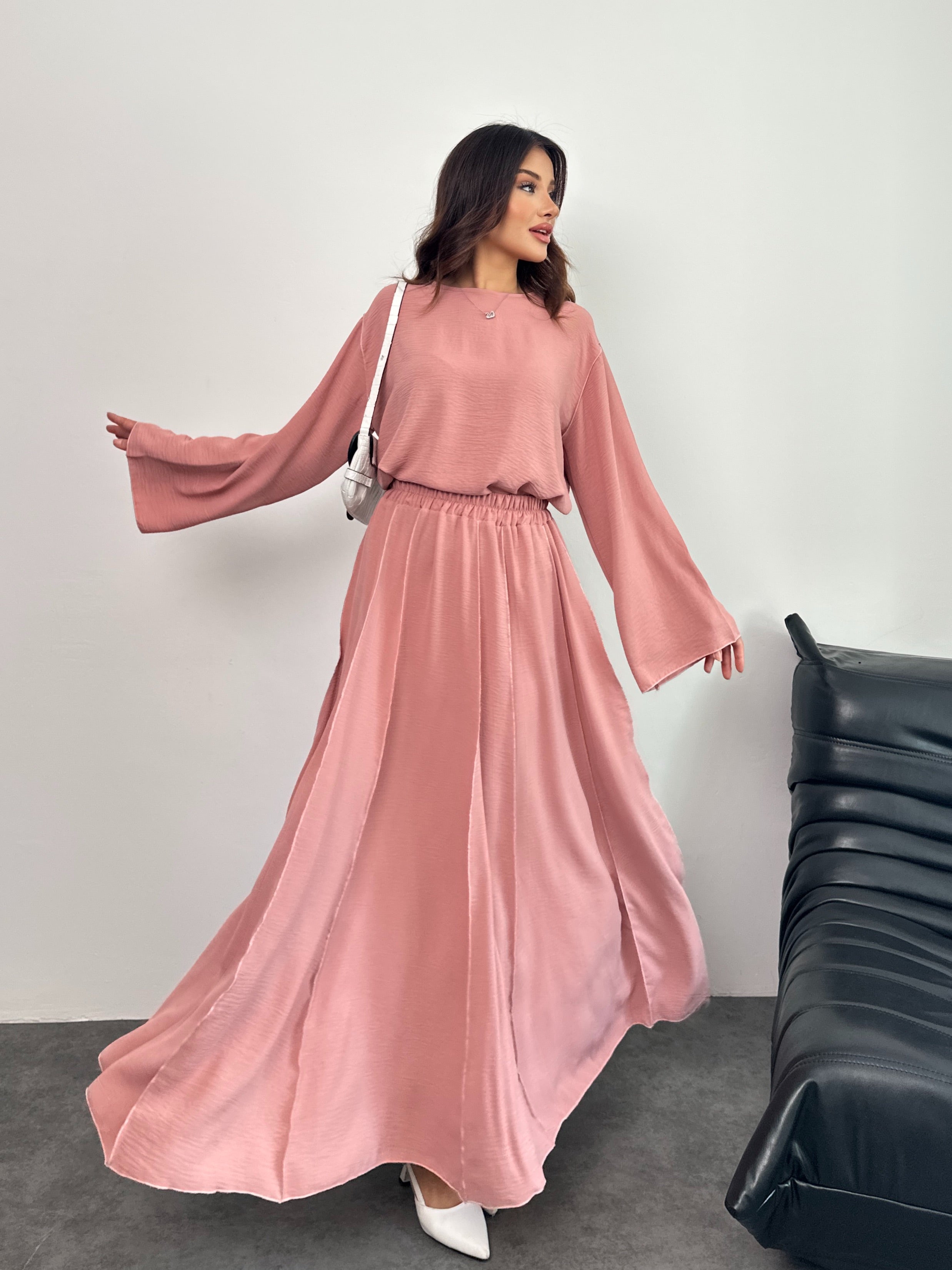 Overlok Detaylı Bluzlu ve Etekli İkili Takım 8045 - Pembe