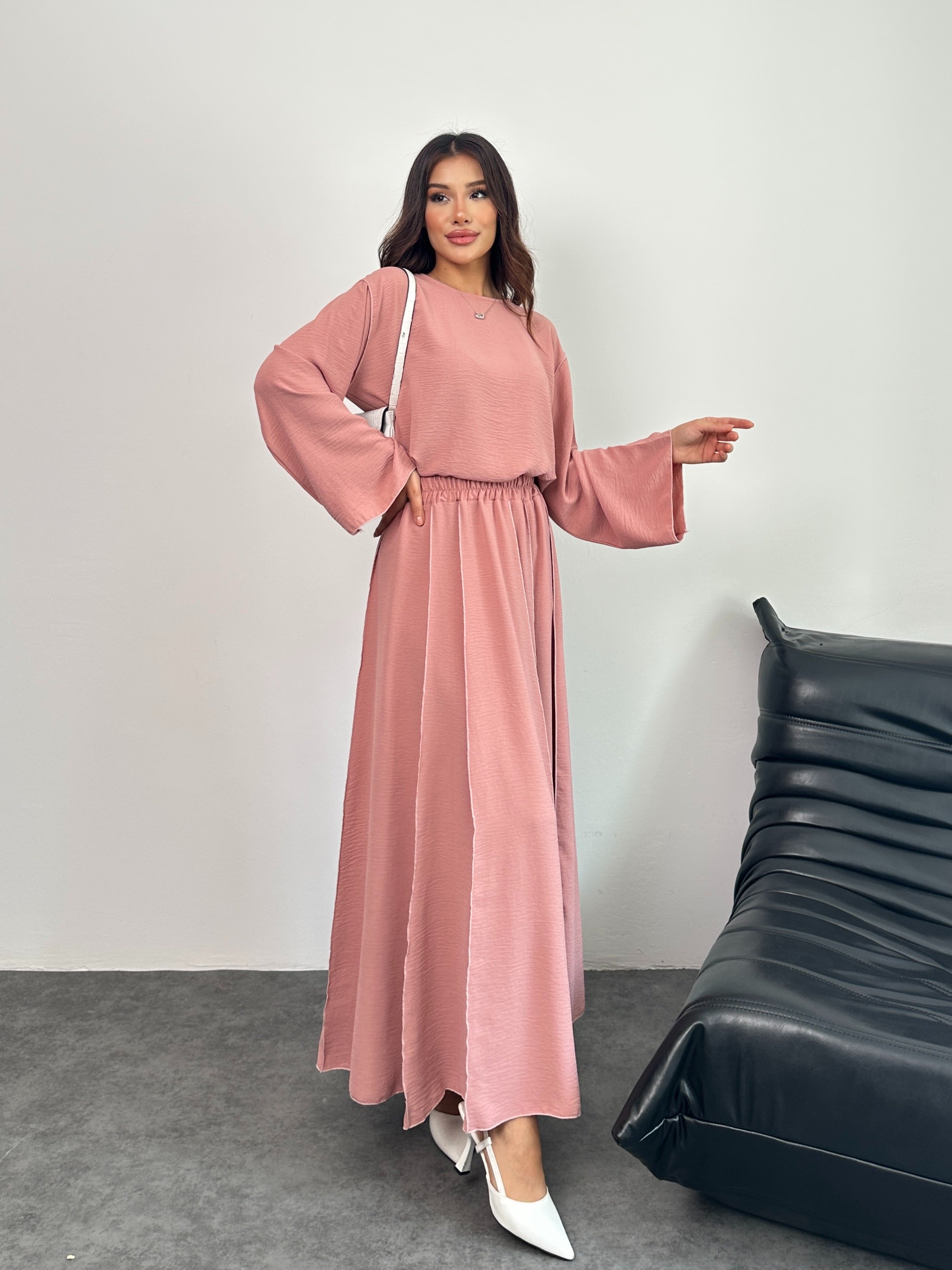 Overlok Detaylı Bluzlu ve Etekli İkili Takım 8045 - Pembe