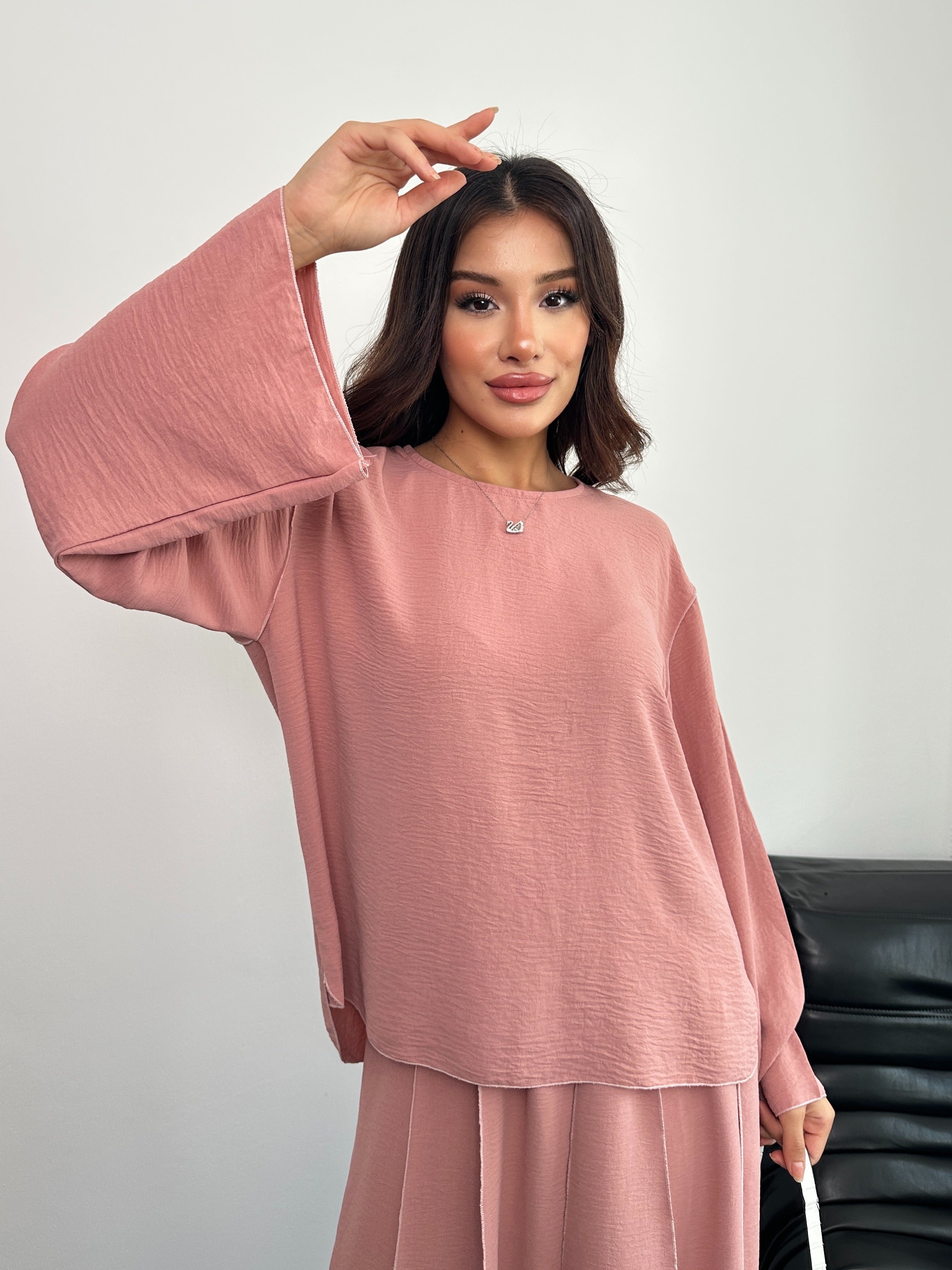 Overlok Detaylı Bluzlu ve Etekli İkili Takım 8045 - Pembe