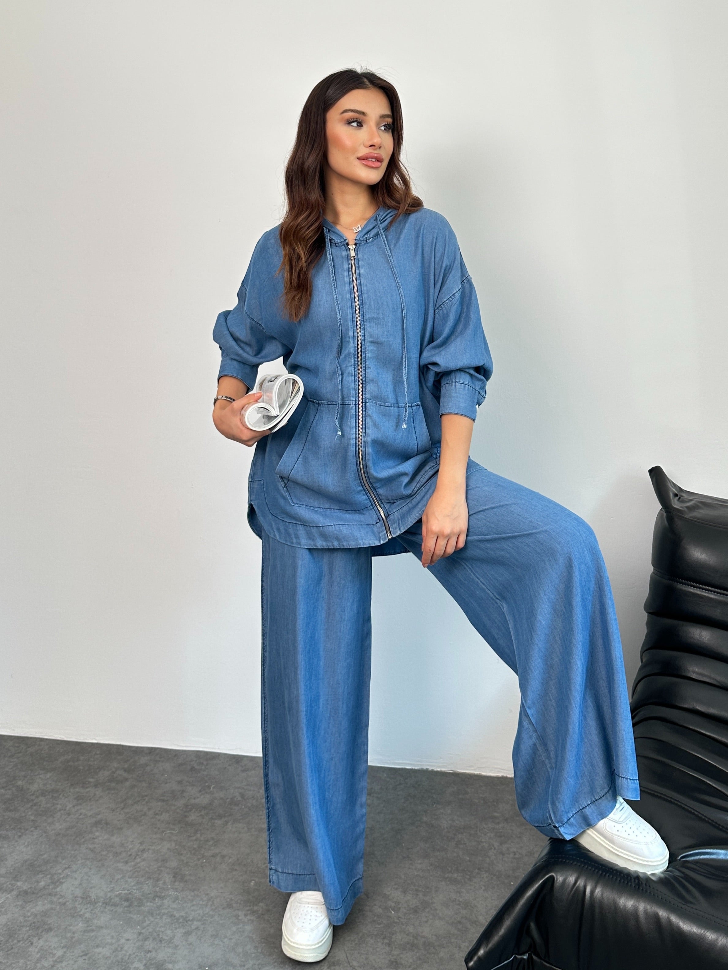 Kapüşonlu Denim Rahat Kesim İkili Takım Mavi - 8889