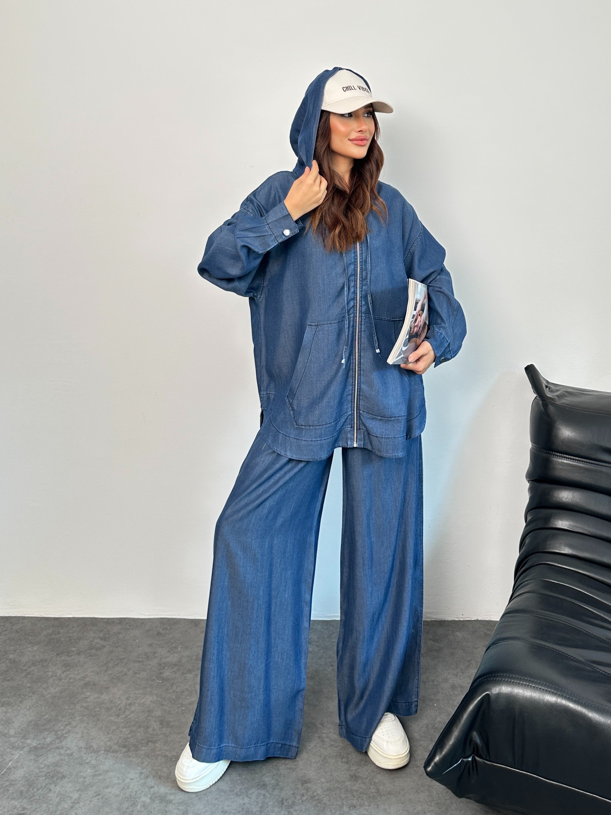 Kapüşonlu Denim Rahat Kesim İkili Takım Lacivert - 8889