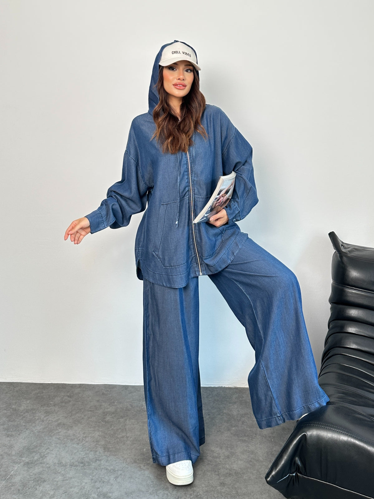 Kapüşonlu Denim Rahat Kesim İkili Takım Lacivert - 8889