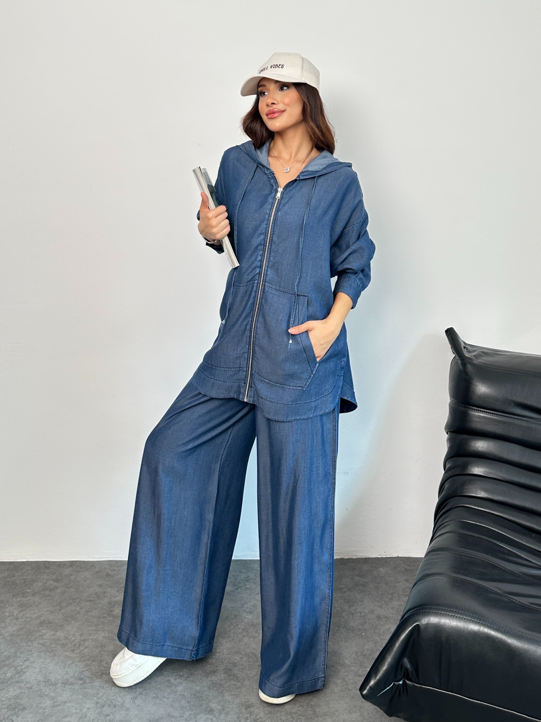 Kapüşonlu Denim Rahat Kesim İkili Takım Lacivert - 8889