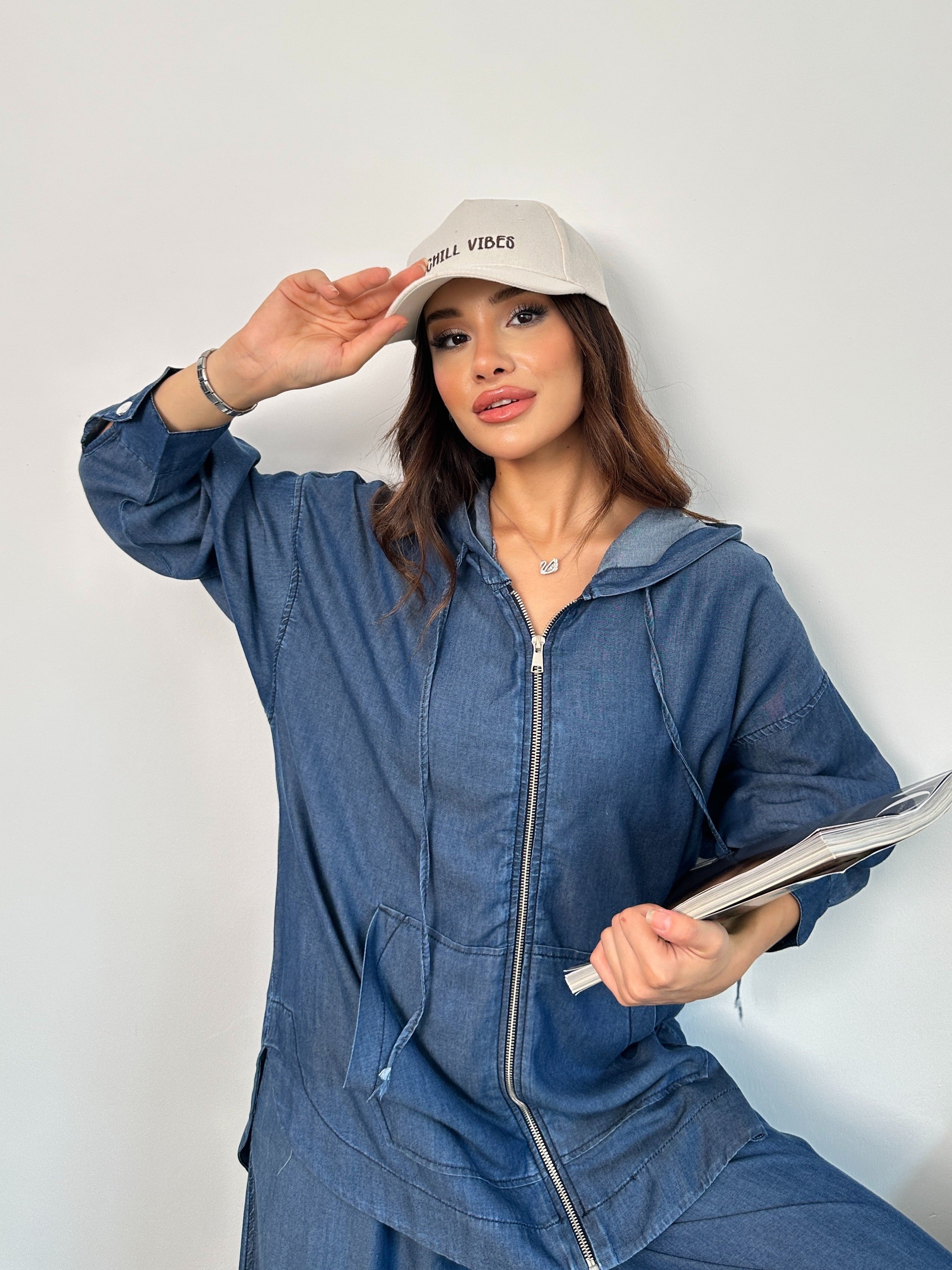 Kapüşonlu Denim Rahat Kesim İkili Takım Lacivert - 8889