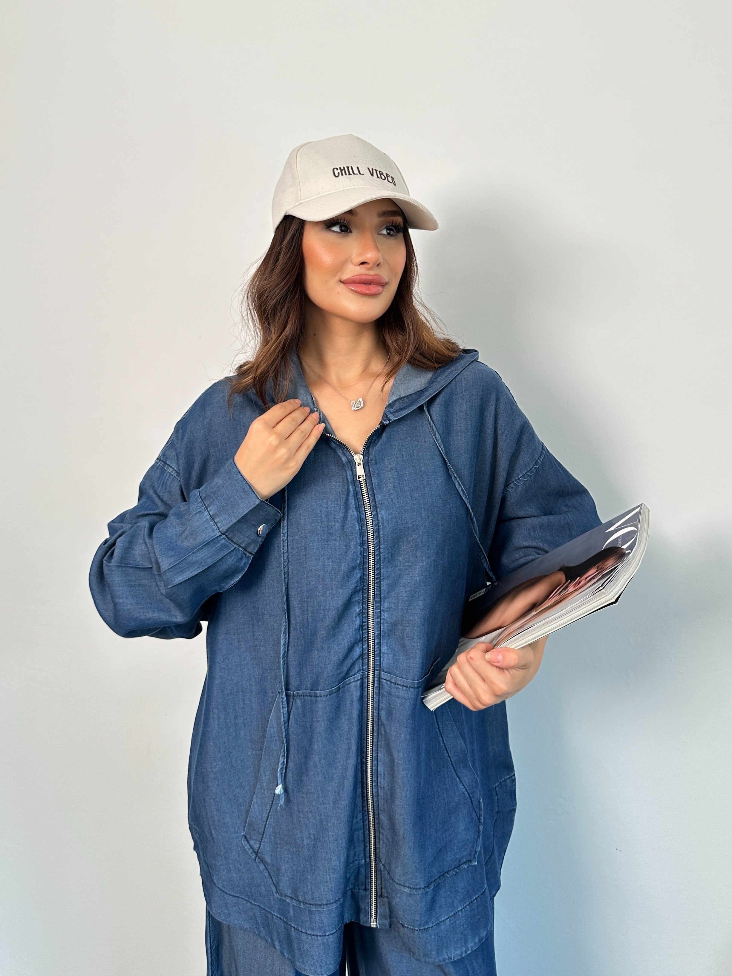 Kapüşonlu Denim Rahat Kesim İkili Takım Lacivert - 8889