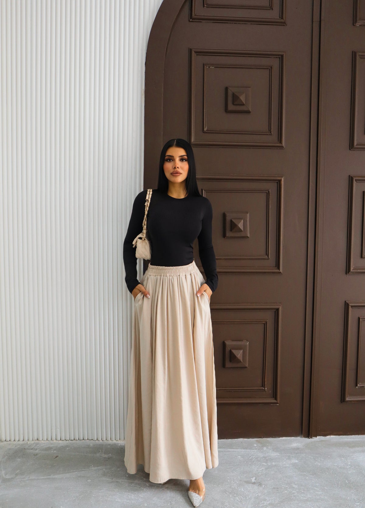 Hatun Atila Modal Kumaş Beli Lastikli Cepli Etek 8821 Bej