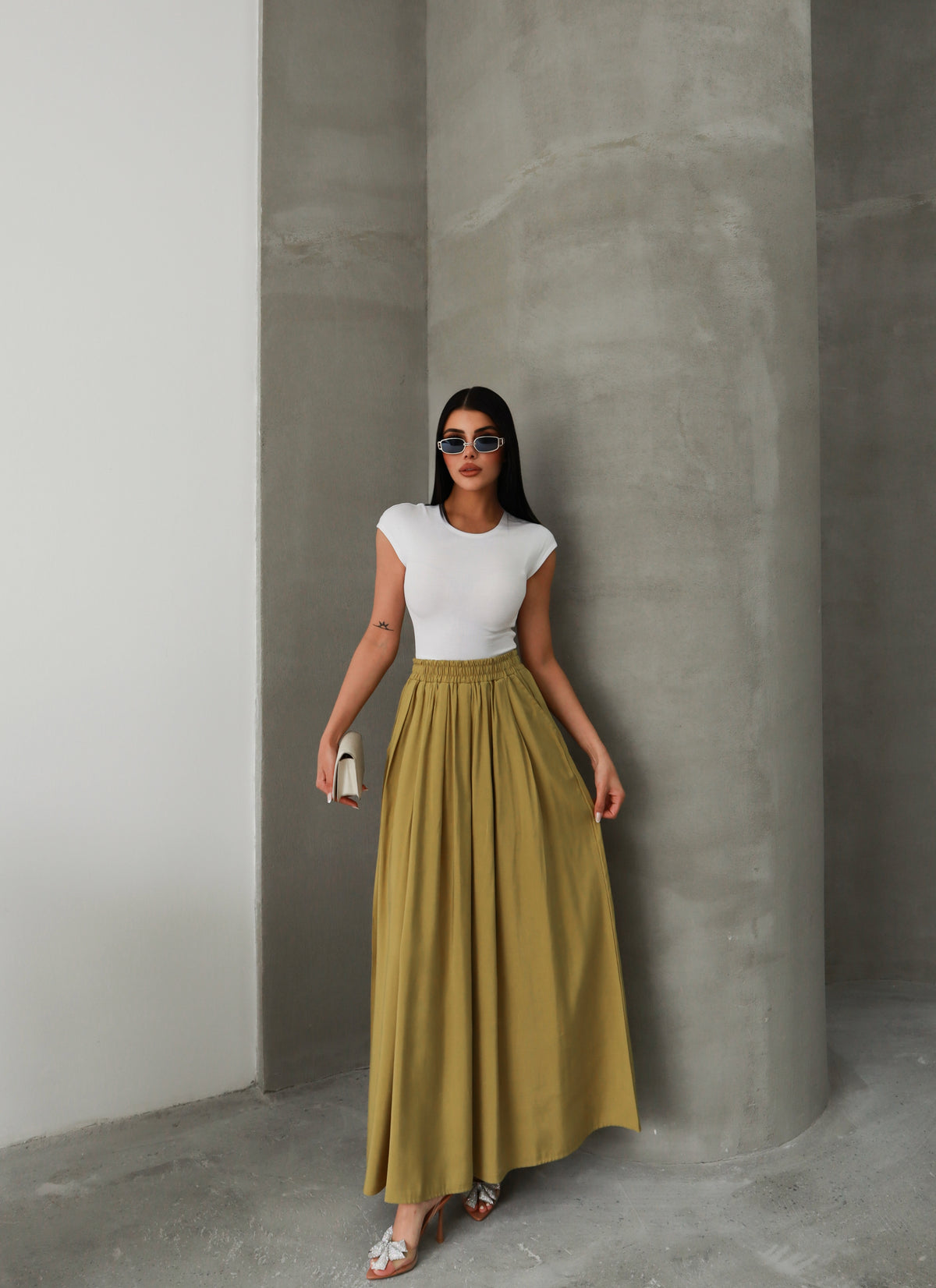 Hatun Atila Modal Kumaş Beli Lastikli Cepli Etek 8821 Yağ Yeşili
