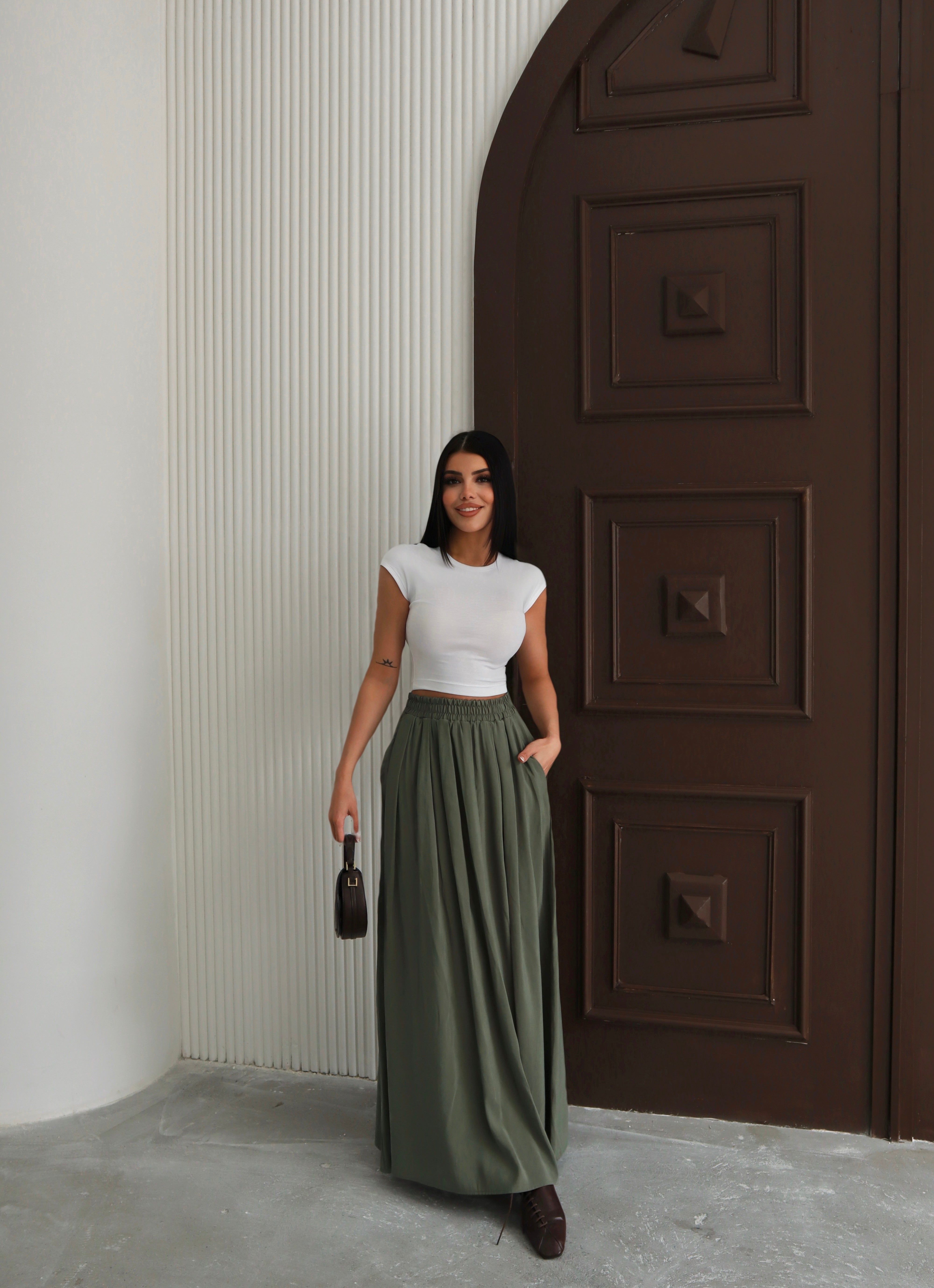 Hatun Atila Modal Kumaş Beli Lastikli Cepli Etek 8821 Haki