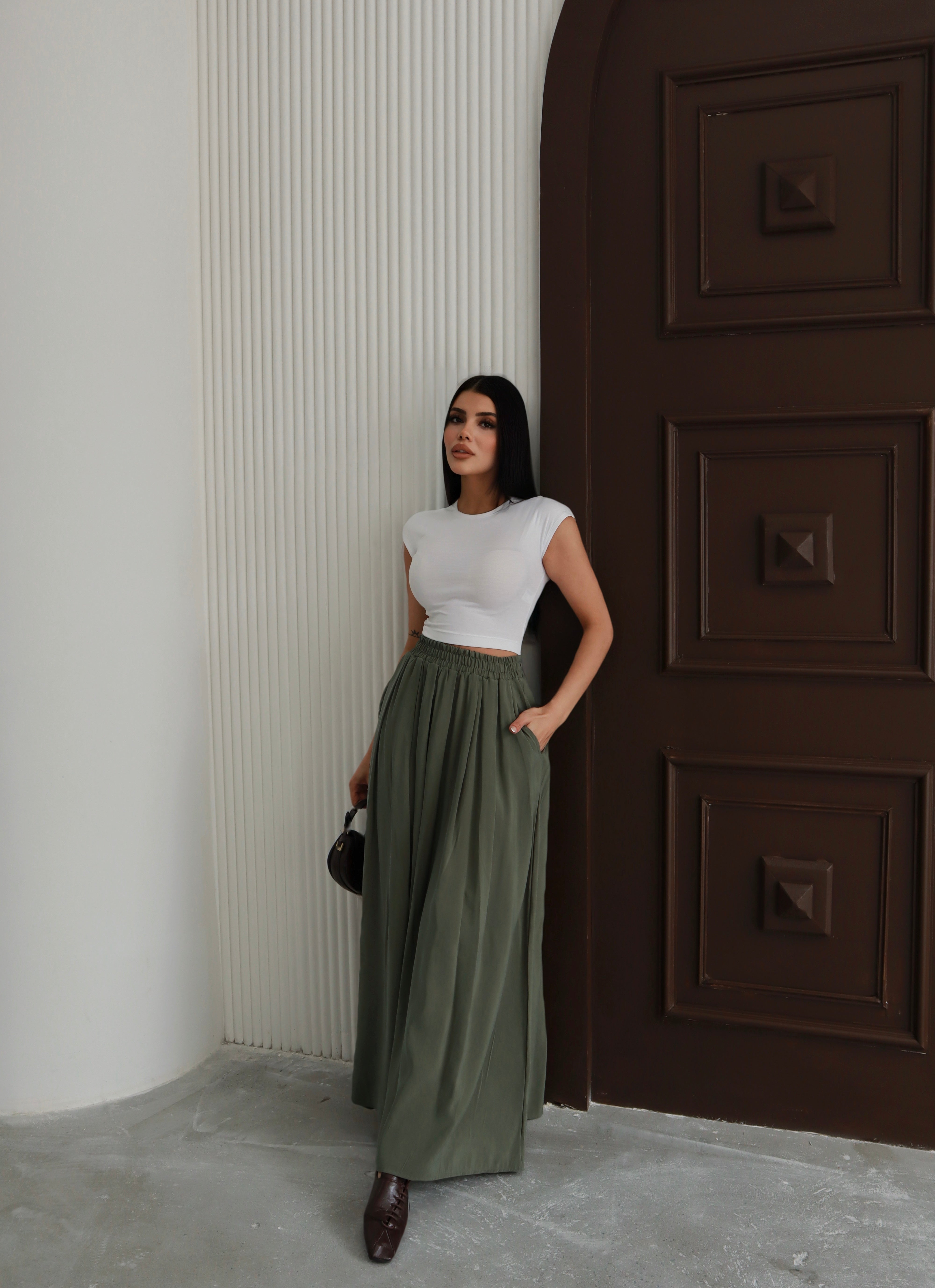 Hatun Atila Modal Kumaş Beli Lastikli Cepli Etek 8821 Haki