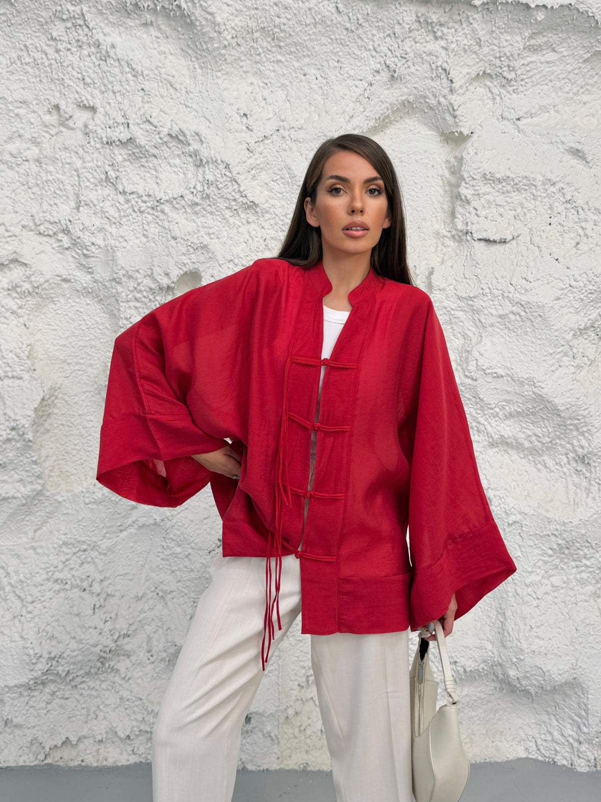 Kadın Hakim Yaka Brit Düğmeli Saçak Detaylı Geniş Kol Ceket Kimono 0133 - Kırmızı