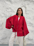 Kadın Hakim Yaka Brit Düğmeli Saçak Detaylı Geniş Kol Ceket Kimono 0133 - Kırmızı
