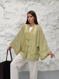 Kadın Hakim Yaka Brit Düğmeli Saçak Detaylı Geniş Kol Ceket Kimono 0133 - Yeşil
