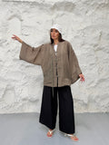 Kadın Hakim Yaka Brit Düğmeli Saçak Detaylı Geniş Kol Ceket Kimono 0133 - Vizon