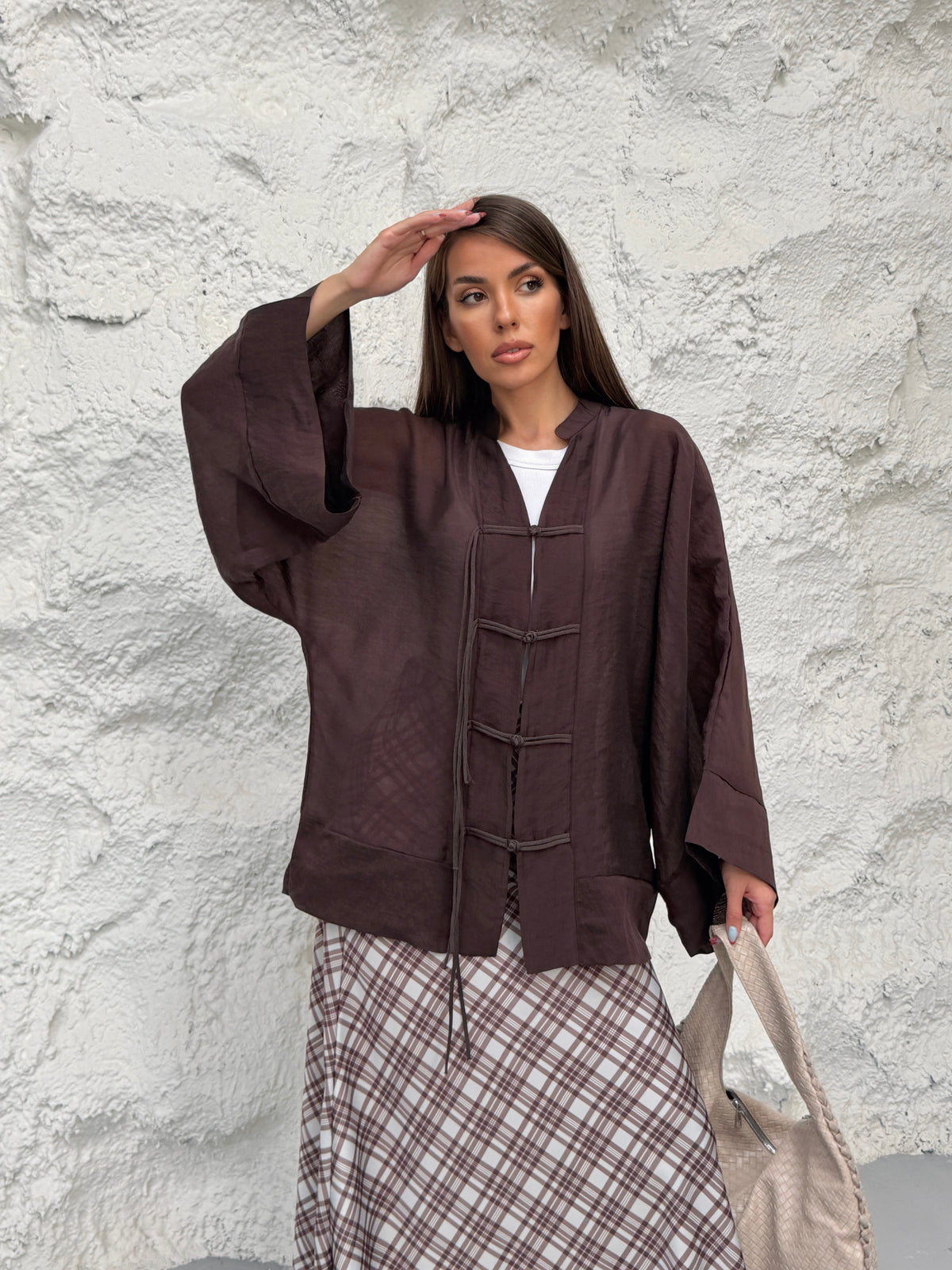 Kadın Hakim Yaka Brit Düğmeli Saçak Detaylı Geniş Kol Ceket Kimono 0133 - Kahverengi