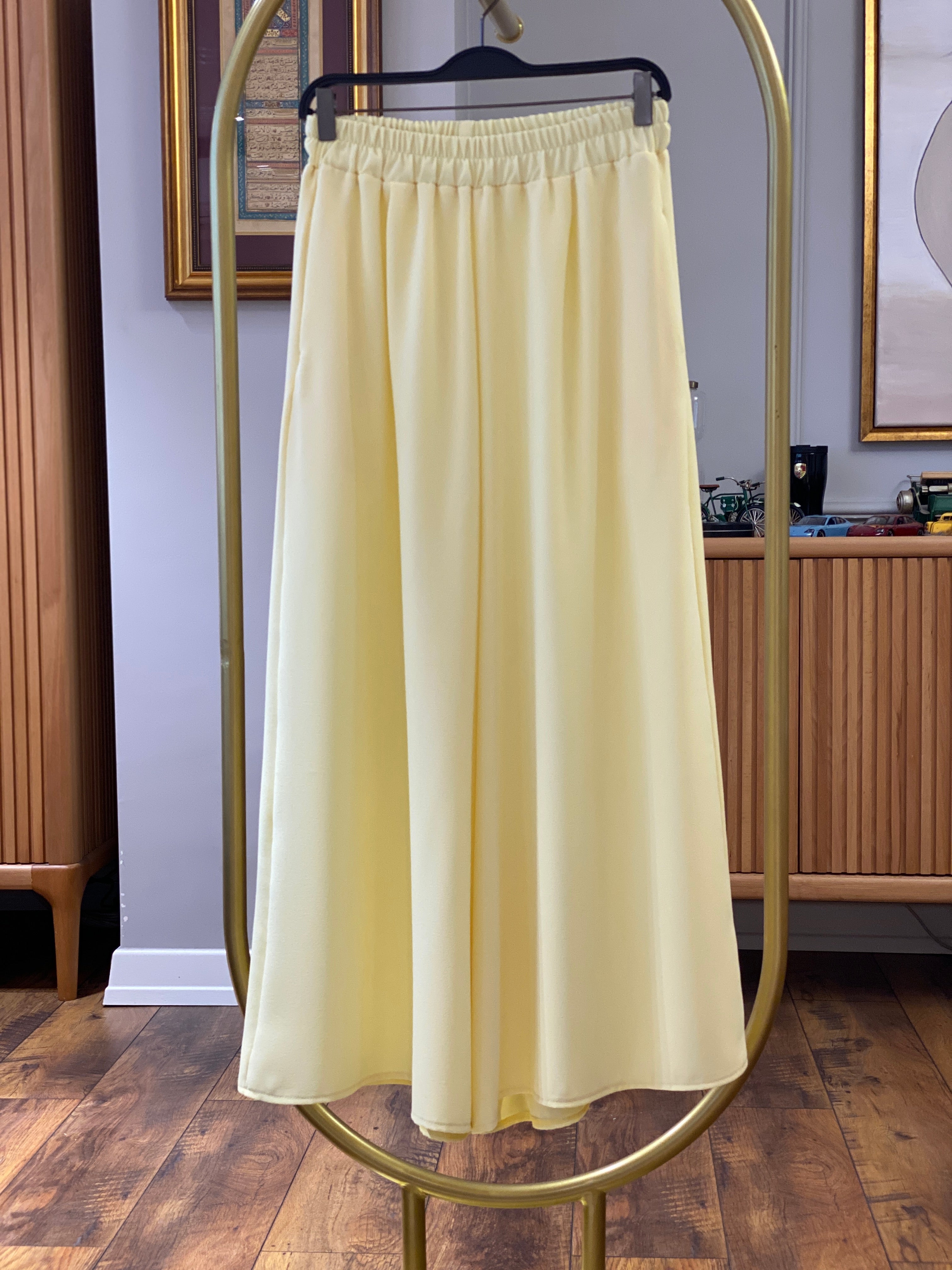 Beli Lastikli Geniş Kesim Kloş Double Krep Pantolon Etek 5187 - Sarı
