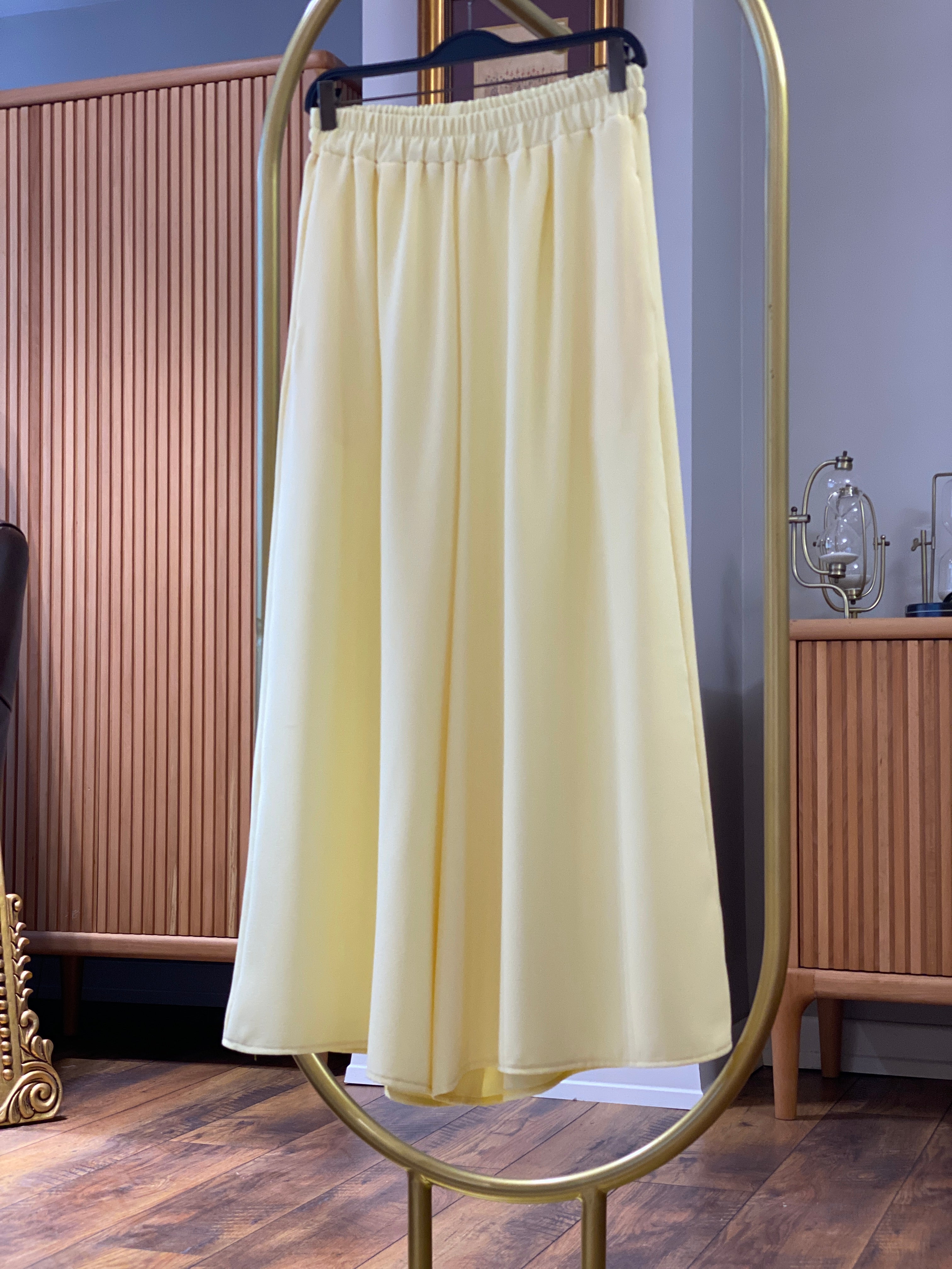 Beli Lastikli Geniş Kesim Kloş Double Krep Pantolon Etek 5187 - Sarı