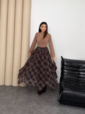 Kadın Kahverengi Ekose Desenli Yüksek Bel Lastikli Şifon Asimetrik Uçlu Uzun Etek 52861