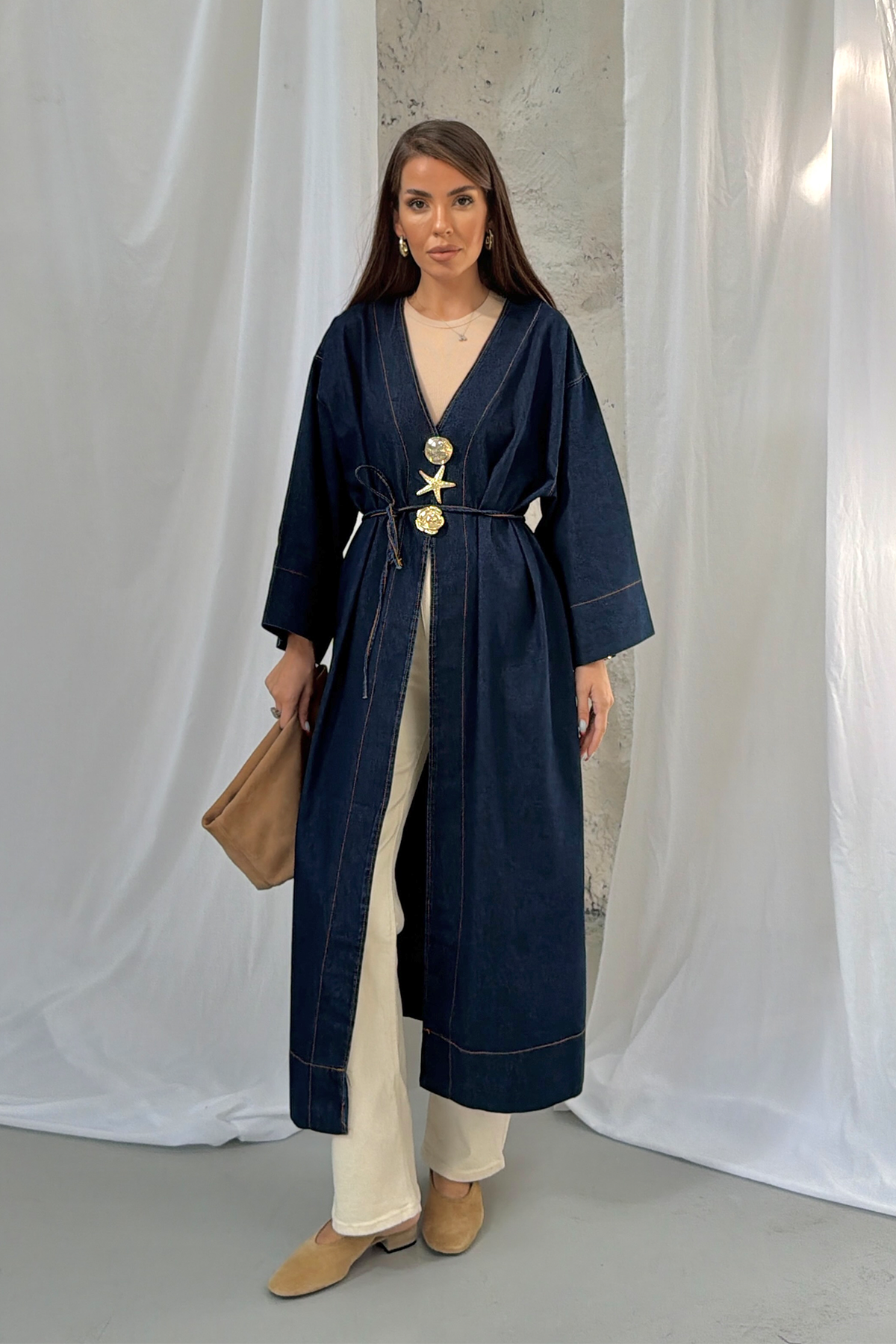 V Yaka Aksesuarlı Beli Bağlamalı Uzun Denim Kimono 9133 - Lacivert