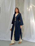 V Yaka Aksesuarlı Beli Bağlamalı Uzun Denim Kimono 9133 - Lacivert