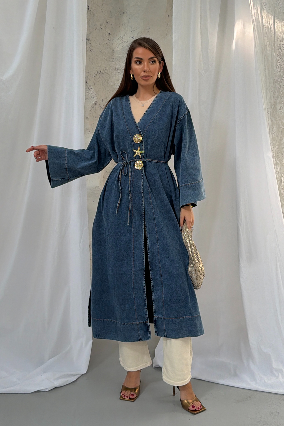V Yaka Aksesuarlı Beli Bağlamalı Uzun Denim Kimono 9133 - Mavi
