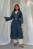 V Yaka Aksesuarlı Beli Bağlamalı Uzun Denim Kimono 9133 - Mavi