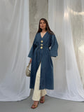 V Yaka Aksesuarlı Beli Bağlamalı Uzun Denim Kimono 9133 - Mavi
