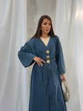 V Yaka Aksesuarlı Beli Bağlamalı Uzun Denim Kimono 9133 - Mavi