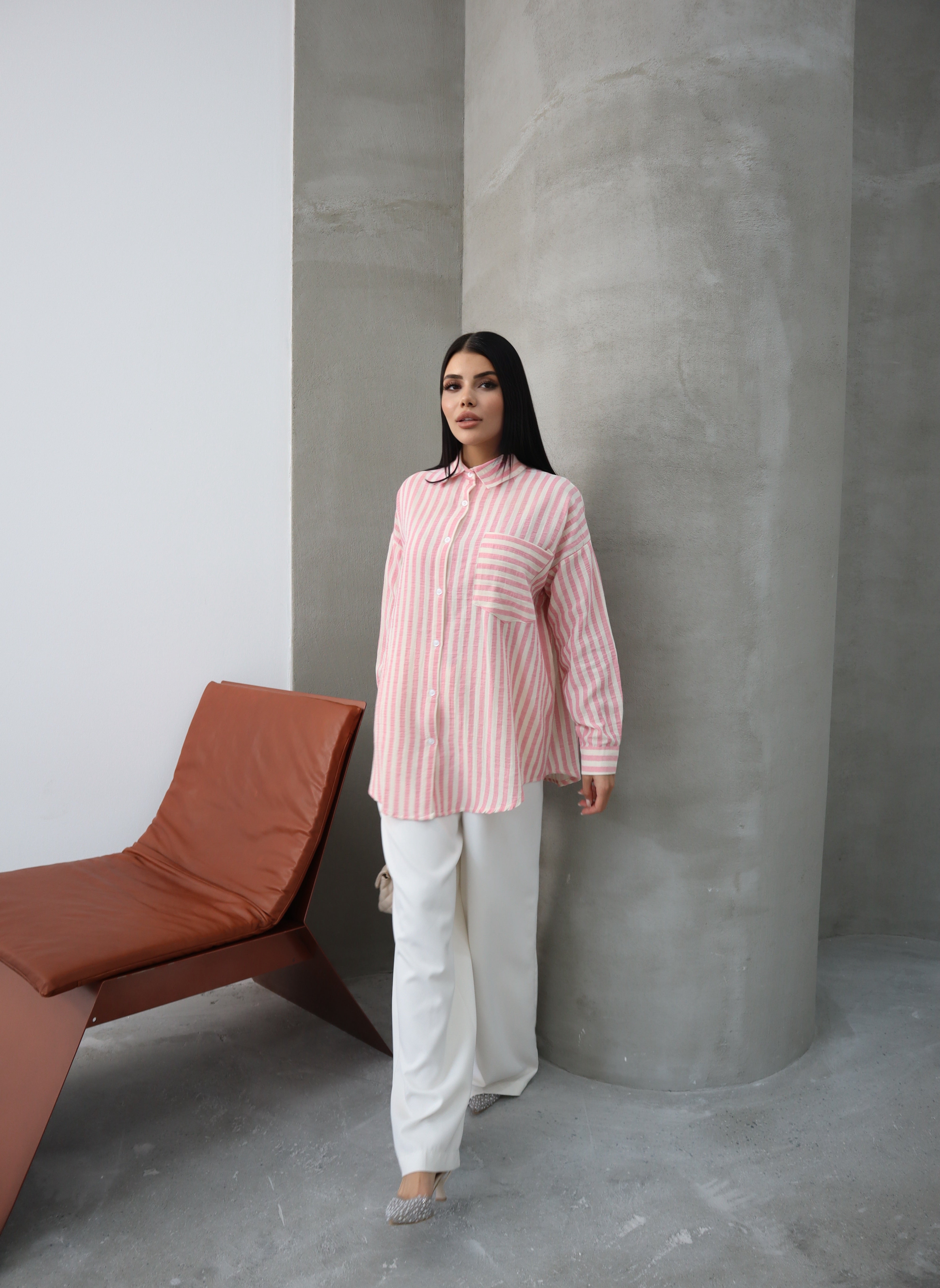 Hatun Atila Çizgili Uzun Kollu Müslin Gömlek 5194 Pembe