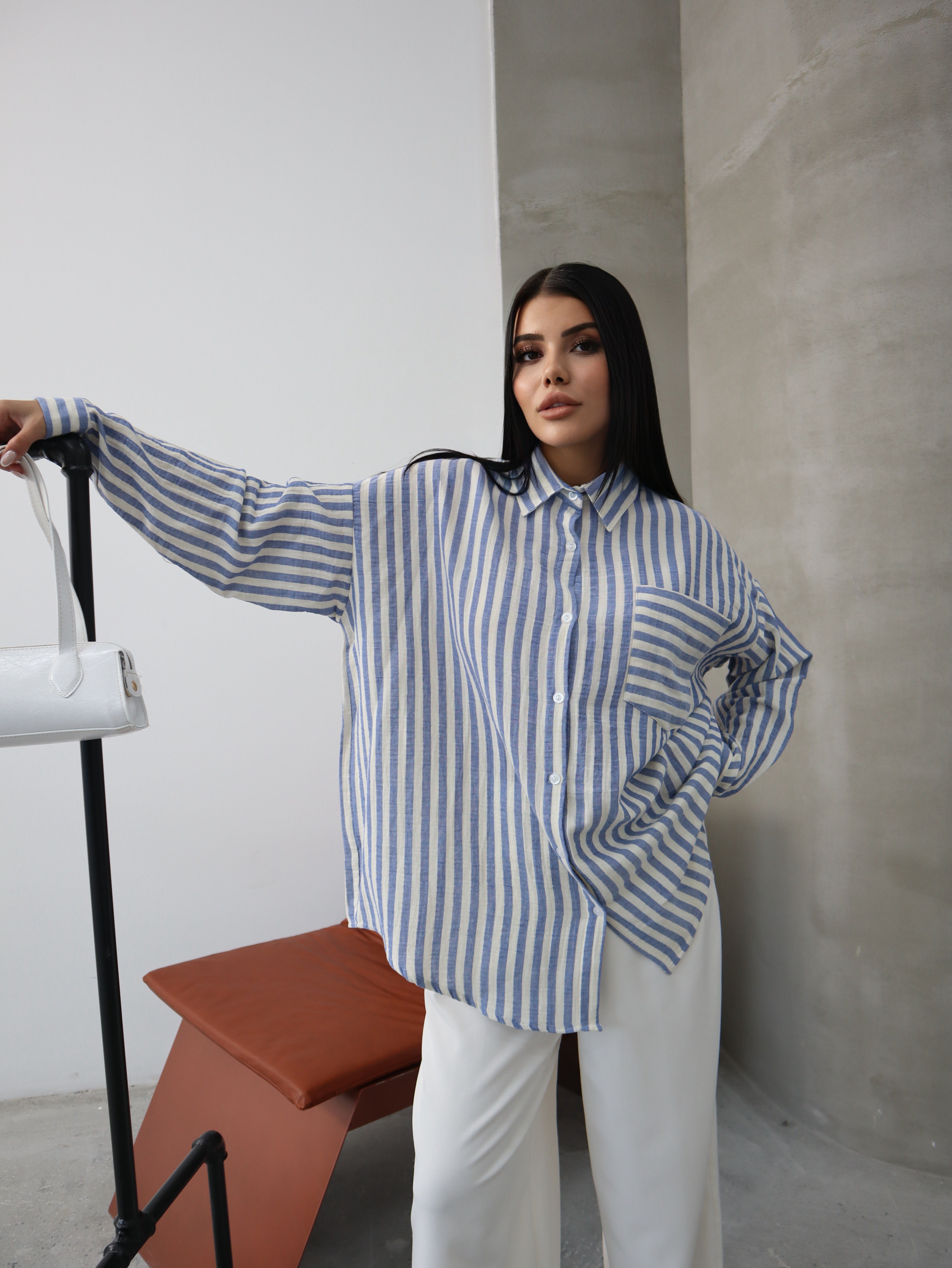 Hatun Atila Çizgili Uzun Kollu Müslin Gömlek 5194 Lacivert