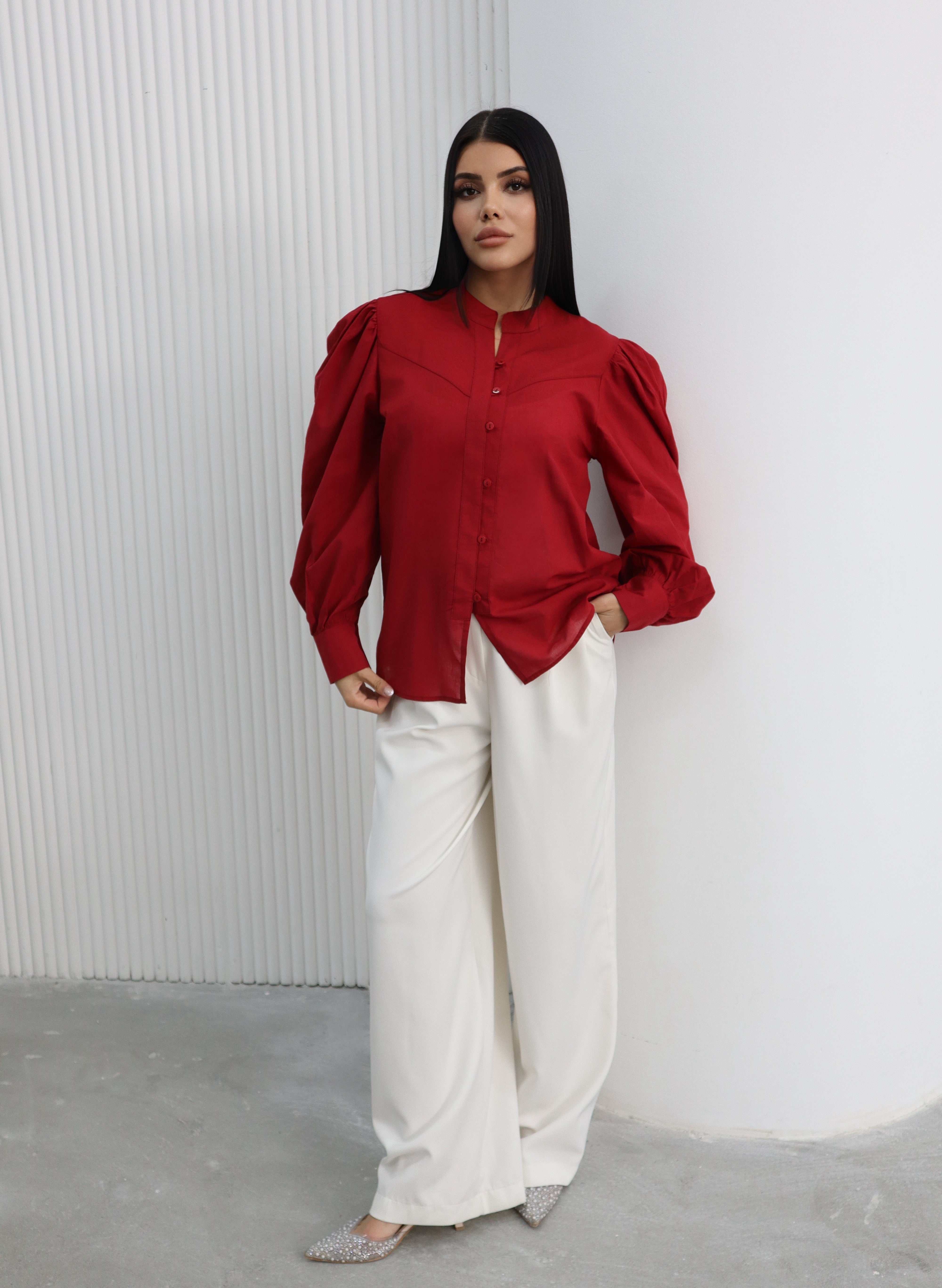 Hatun Atila Balon Kollu Gömlek 8008 Bordo