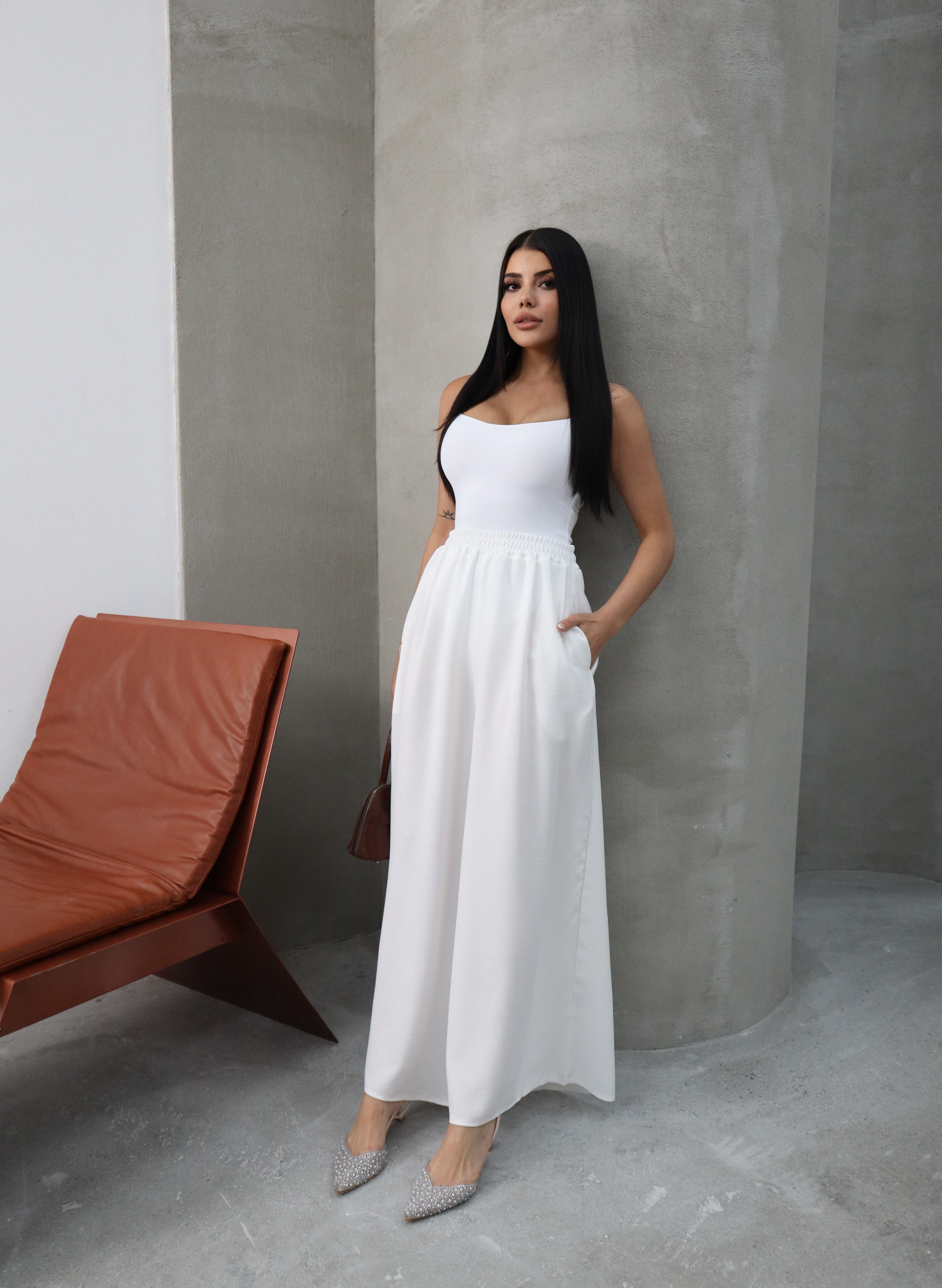 Hatun Atila Filamlı Keten Etekli Pantolon 8826 Beyaz