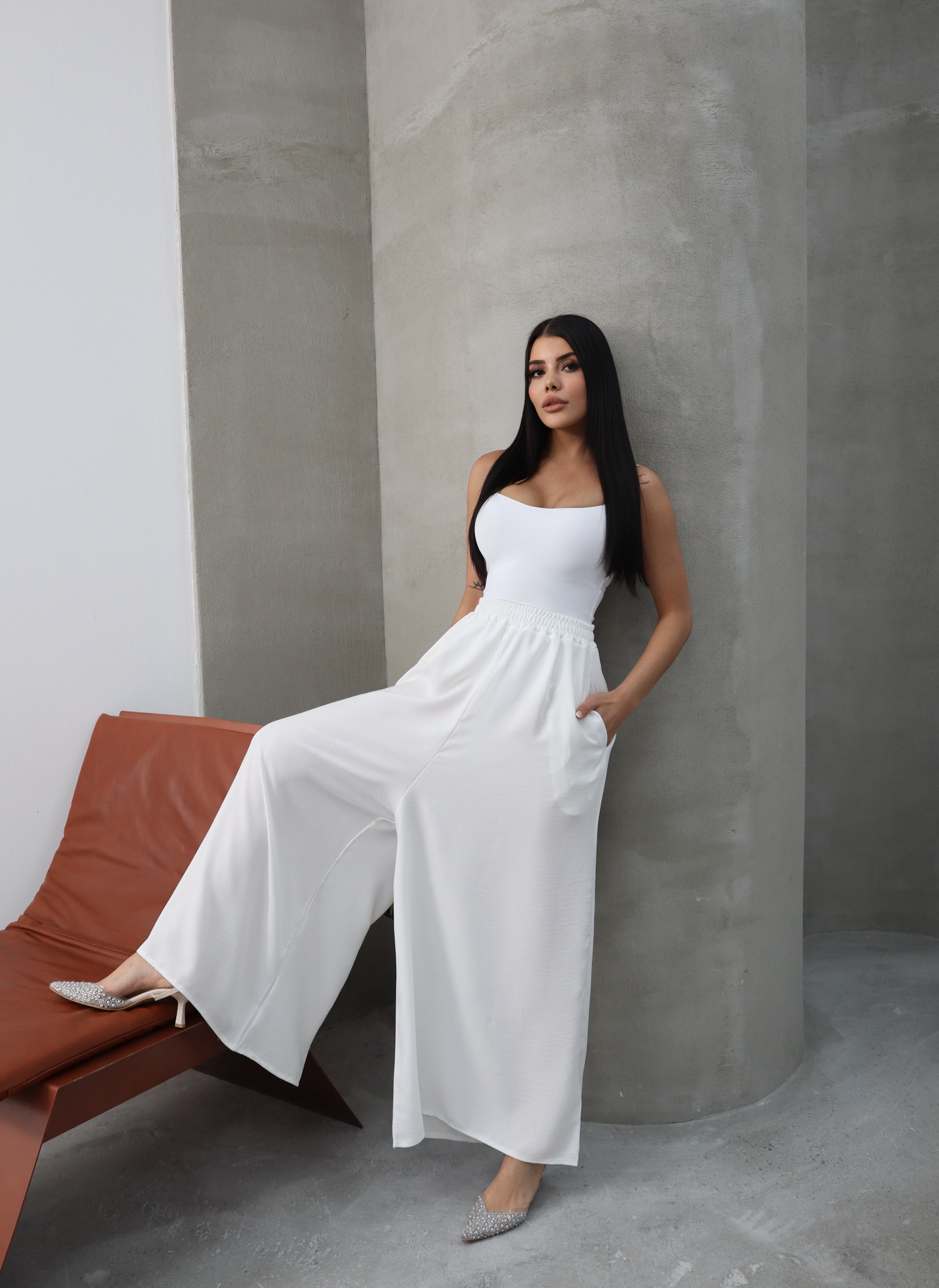 Hatun Atila Filamlı Keten Etekli Pantolon 8826 Beyaz