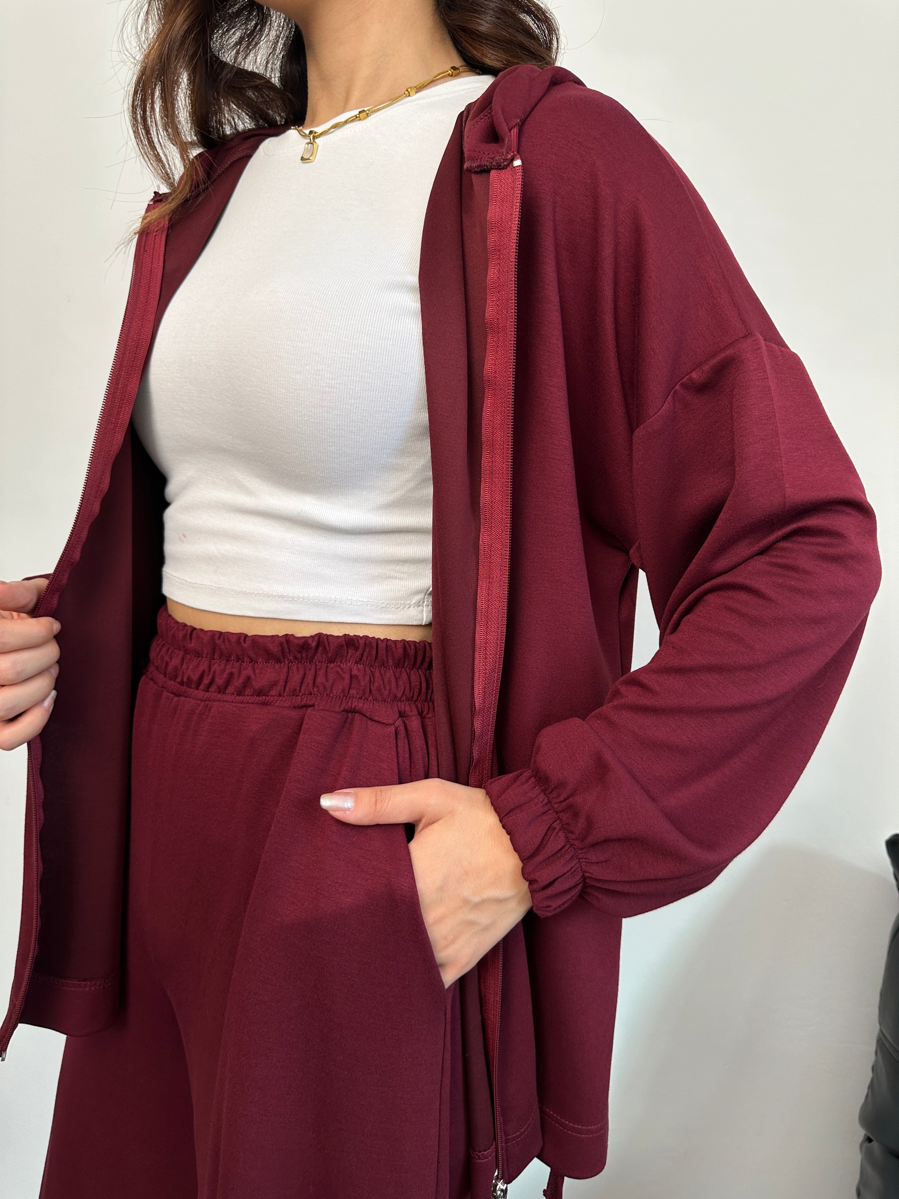 Fermuarlı Kapüşonlu Sweatshirt ve Bol Paça Pantolonlu Oysho Takım 3001 - Bordo