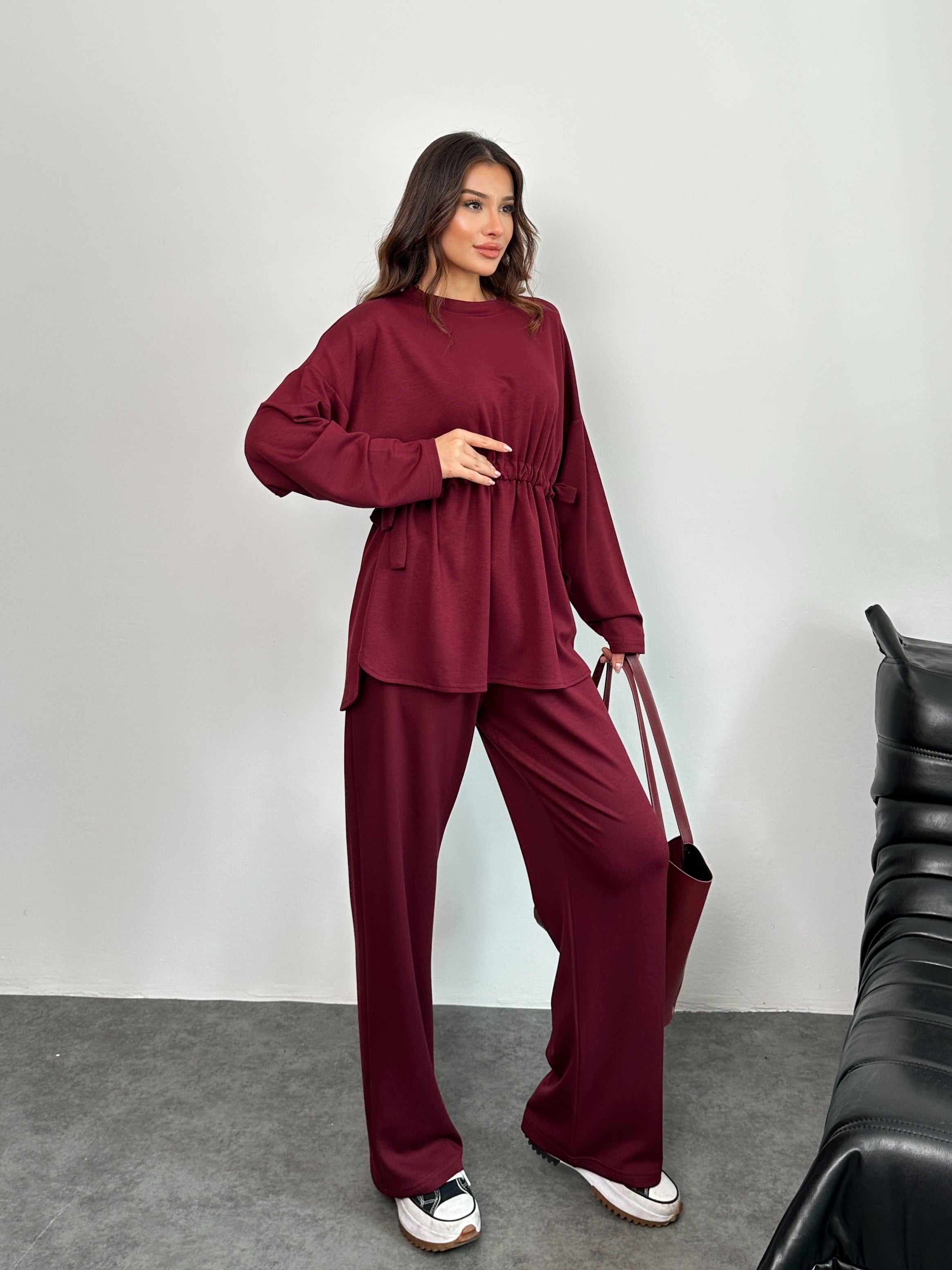 Bel Bağcıklı Dökümlü Üst ve Bol Paça Pantolonlu Oysho Takım 3002 - Bordo