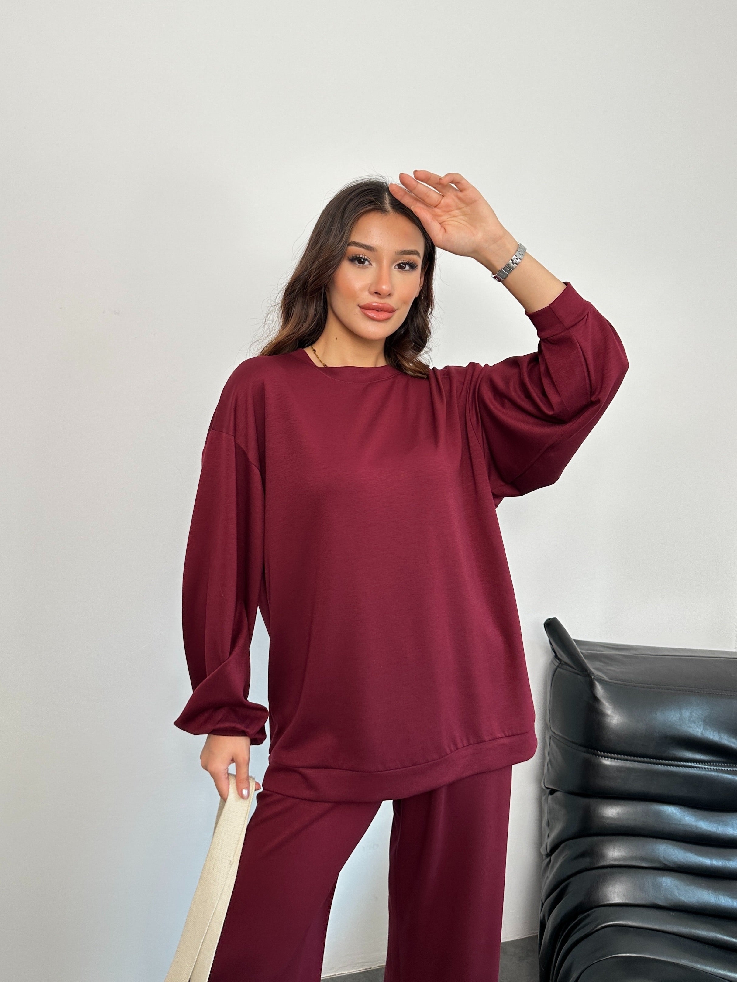 Geniş Kesim Yan Yırtmaçlı Sweatshirt ve Bol Paça Pantolonlu Oysho Takım 3003 - Bordo