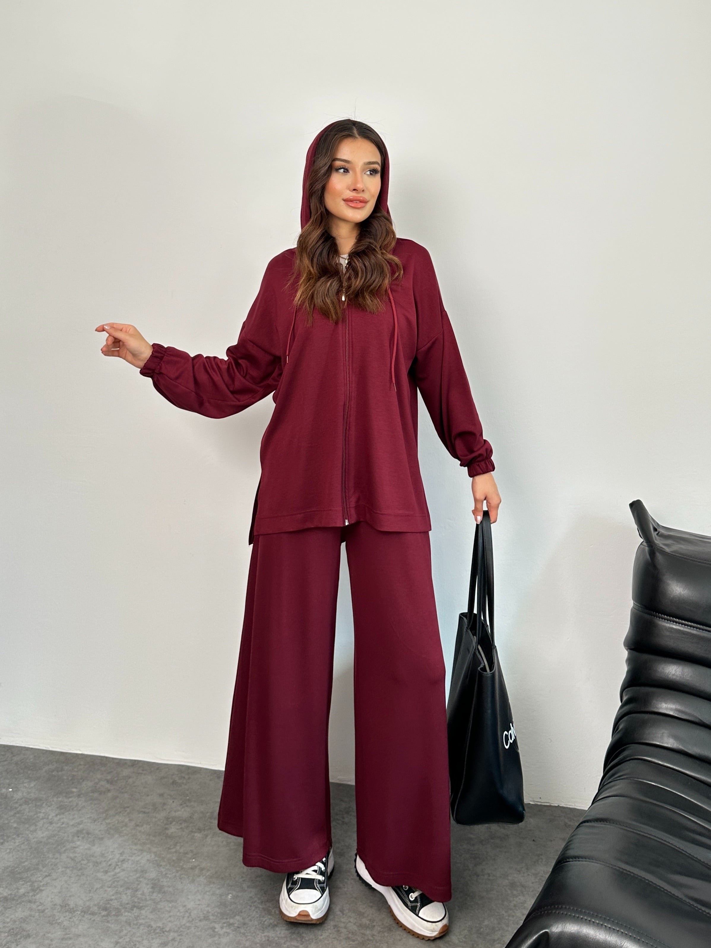 Fermuarlı Kapüşonlu Sweatshirt ve Bol Paça Pantolonlu Oysho Takım 3001 - Bordo