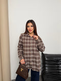 Kadın Ekose Desenli Oversize Gömlek 8968 - Kahve-Ekru