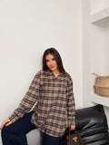 Kadın Ekose Desenli Oversize Gömlek 8968 - Kahve-Ekru