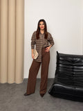 Kadın Ekose Desenli Oversize Gömlek 8968 - Vizon-Kahve