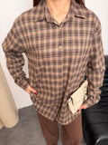 Kadın Ekose Desenli Oversize Gömlek 8968 - Vizon-Kahve
