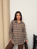 Kadın Ekose Desenli Oversize Gömlek 8968 - Vizon-Gri